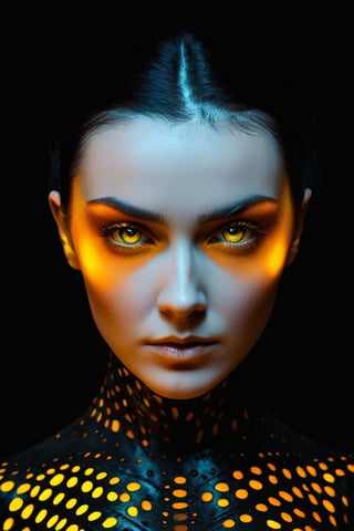 dramatis personae Woman. Expression of smoldering emotion. The person's eyes are a captivating feature, glowing smoothly with a luminous yellow-orange hue, creating a stark contrast against the dark surroundings.