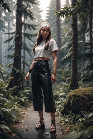 A young girl, Indonesian face, 30 years old, a white light emerges from his hands, athletically built, wearing a white silat shirt and trousers, smooth, long hair with a white headband, wearing an arm bracelet, on top  Batu wears full body sandals, looks far away, forest, fallen leaves, wind effects, very realistic detailed cinematic dramatic rendering unreal engine 5 ultra hd 128k sdxl midjourney.