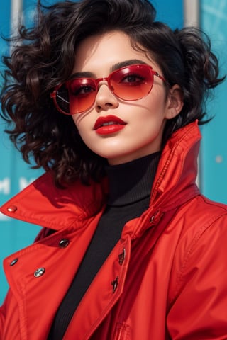 a beautiful female model, a beautiful young woman, short hair, black hair, jacket, upper body, parted lips, lips, coat, sunglasses, red jacket, curly hair, red lips, tinted eyewear