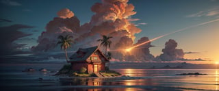 realistic dragon ball kami house in distance,a small island with a small house in the middle of sea,red house,sea iwth mountains on side,clouds makes a dragon,daytime,dragon ball anime,red roof,with palm trees around the house,shenron,green dragon in sky with wiskers,green hige dragon 