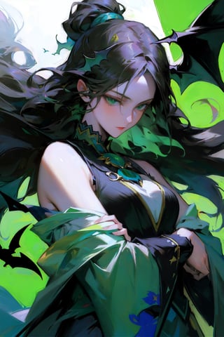 Fractal,women,splash art,electro,bats themed clothes,green theme,niji,animeniji