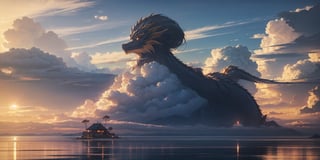 realistic dragon ball kami house in distance,sea iwth mountains on side,clouds makes a dragon,daytime,dragon ball anime,ai art