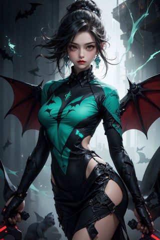 Fractal,women,splash art,electro,bats themed clothes,green theme,niji