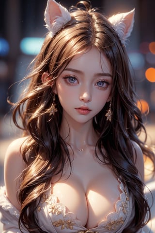 Photography of a petite woman, beautiful face, full cleavage, 25 years old, wearing oversized plush onesie, with animal pattern, superfuzzy, cute, detailed eyes, perfect body, cinematic lighting, bokeh, 8k, uhd, soft shadows, masterpiece, very detailed face lips eyes,1 girl