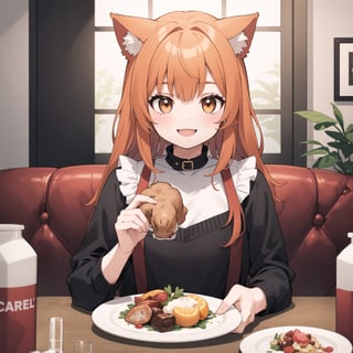 1girl holding a turkey in a plate, cheerful smile, cozy dinner room, catgirl, orange hair