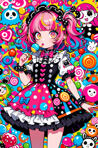 children's doodle style,
Colorful pop art, candy pop, lollipop punk, brightly colored berry beans, emo pink lolita girl,big Eyes,A dress made of jelly and ice cream,
 maximalism designemo,dal-6 style,Color Splash