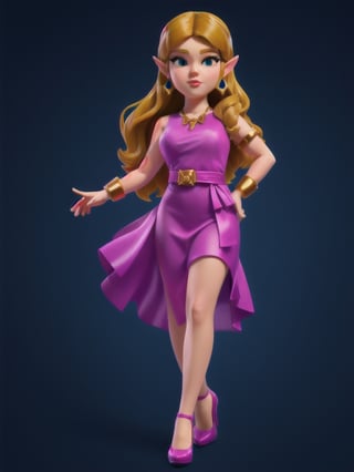 ((full body):1.5), Princess Zelda, wearing pink long dress, has pink high heels, 16k, high quality, high details, UHD, masterpiece, blue background