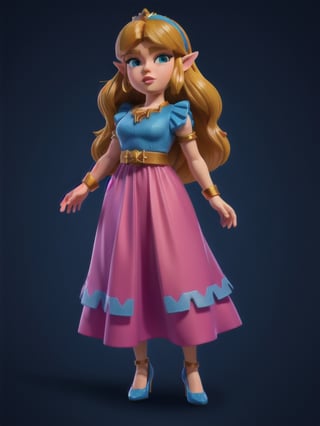 ((full body):1.5), Princess Zelda, wearing dress, has pink high heels, 16k, high quality, high details, UHD, masterpiece, blue background