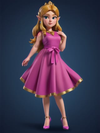 ((full body):1.5), Princess Zelda, wearing pink long dress, has pink high heels, 16k, high quality, high details, UHD, masterpiece, blue background