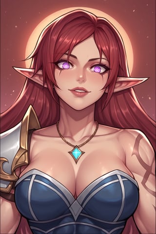 score_9, score_8_up, score_7_up, source_comic, (katerina from league of legends, katerina, portrait, dark skin, very brown skin, sorceress, mature, league of legends, red hair, very long hair, hair resting on shoulders, teeth tattoo, side tail, purple eyes, wide eyes, , symbol pupil, crazy eyes, full lips, 25 years old, muscular female, scars, medium breasts), hand besides head, ample cleavage, brown skin, elf ears, glowing eyes, tattoo through eye, smirky smile, shoulder armor, black and silver outfit, necklace, covered in tattoos, magic background, magic flowing through the wind, fullmoon, ,score_9_up,comic book