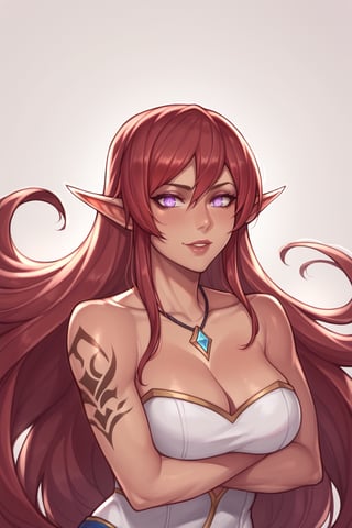 score_9, score_8_up, score_7_up, source_comic, (katerina from league of legends, katerina, portrait, dark skin, very brown skin, sorceress, mature, league of legends, red hair, very long hair, hair resting on shoulders, teeth tattoo, side tail, purple eyes, wide eyes, , symbol pupil, crazy eyes, full lips, 25 years old, muscular female, scars, medium breasts), hand besides head, ample cleavage, brown skin, elf ears, glowing eyes, tattoo through eye, smirky smile, shoulder armor, black and silver outfit, necklace, covered in tattoos, magic background, magic flowing through the wind, fullmoon,score_9_up