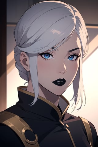 masterpiece, vibrant lighting, white hair, black hair highlight, asymmetrical bob, eyeliner, black lips , mature female, parted lips, hand in hair, realistic,vox machina style