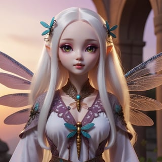 medium shot, fantasy, kawaii, a fairy with long white hair, a doll's face, with dragonfly wings, with an ornate tight tunic, at sunset, arches, beauty, sensuality,