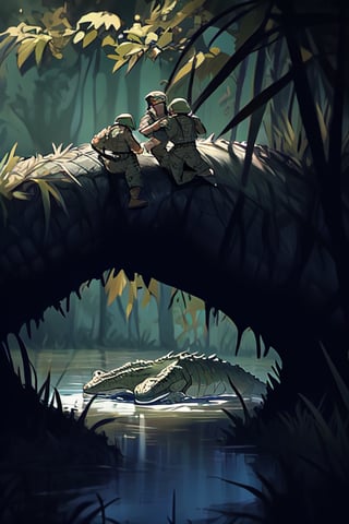 violent fight soldiers vs multiple crocodiles in the swamp, soldiers are fighting to crocodile