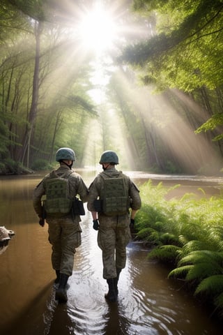 5 soldiers team crossing big swamp in forest, daytime, sunlight rays, shot taking from behind tree