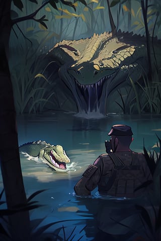 violent fight, multiple soldiers vs multiple crocodiles in the swamp, soldiers are fighting to crocodile