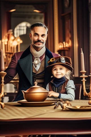 rich steampunk era family on dinning table in palace, cinematic effect