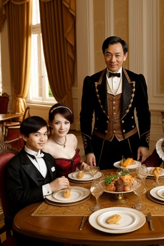 rich steampunk era family on dinning table in palace