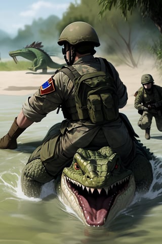 soldiers are fighting with crocodile 