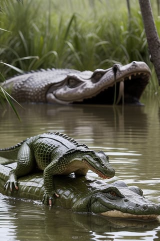 soldiers vs crocodile in swamp, soldiers are fighting to crocodile