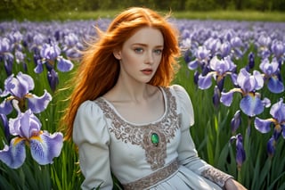 Photographic ((from above)), Beautiful and stunning image of a Norwegian princess, redhead, green eyed, (authentic iris detail:1.46) (Iris pattern:1.33), barefoot, hyper detailed eyes, hyper detailed skin, walking through a vibrant lush flower field, tress, grass, flowers, marble pillars, marble busts, (wearing a royal victorian dress, embroidery, filigree:1.25), (conservatively  dressed), The style should be a fusion of Peter Lippmann's still life compositions, Barry Windsor Smith's intricate linework, Sandro Botticelli's ethereal beauty, and Burne-Jones' romanticism. The redhead's captivating gaze draws the viewer in, her beauty so striking that it's almost unbelievable. The medium should be digital photography, capturing the photorealistic detail and texture. The composition should be taken (slightly from above) with a high-resolution 16k camera, using a 50mm lens for a sharp focus on the redhead, Miki Asai Macro photography, close-up, hyper detailed, trending on artstation, sharp focus, studio photo, intricate details, highly detailed, cinematic, (slightly from above)