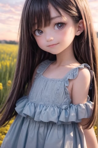 A dreamy girl in a sundress is looking up at the sky while walking through a field of wildflowers with a gentle breeze at sunset. Watercolor illustration, anime her style portrait of a teenage girl with sparkling blue eyes and a gentle smile,

(9year old girl:1.5),((small breasts)),
beautiful detailed eyes, complete anatomy,
  loli, (realism: 1.2),russian girl,
beautiful girl with fine details,  detailed face, beautiful shining body,
 1 girl, ((purple eyes,tall eyes, Big eyes)), 
 random angles, ((child body: 1.2)),
 bangs,detailed face,  super detailed, 
perfect face, (bright lighting: 1.2), (highly detailed face:1.4),
 happiness, Best Quality, Masterpiece, Natural Light,
 ultra-high resolution, 16k images, depth of field,masterpiece,best quality,