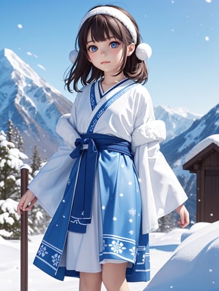 ((snowfield,snow scene)),(((wide Blue headband ))),(white fur ),bouncing hair,((Ainu costume based on navy blue,Ainu folk costume:1.4)),(snow mountain blue sky:1.4),  black hair, pale white skin,((9year old girl:1.5)), 1 girl, loli, petite girl, complete anatomy, whole body, children's body, child, super cute, girl, little girl, beautiful girl, beautiful shining body, bangs,brown hair,high eyes,(aquamarine eyes), drooping eyes, petite,tall eyes, beautiful girl with fine details, Beautiful and delicate eyes, detailed face, Beautiful eyes, beautiful shining body,  Whole body angle, Alps,  outdoor, natural light,((realism: 1.2)), dynamic far view shot,cinematic lighting, perfect composition, by sumic.mic, ultra detailed, official art, masterpiece, (best quality:1.3), reflections, extremely detailed cg unity 8k wallpaper, detailed background, masterpiece, best quality, (masterpiece), (best quality:1.4), (ultra highres:1.2), (hyperrealistic:1.4), (photorealistic:1.2), best quality, high quality, highres, detail enhancement,