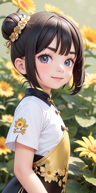 ((6 year old girl:1.3)), cartoon style visuals, complete anatomy, ((child body:1.4)),
full body, 1 girl, childlike body,  petite,

((bun:1.4)),brown hair, bangs,aquamarine eyes, detailed face, droopy eyes, super detailed,
perfect face, (bright lighting:1.2), beautiful detailed eyes, highly detailed face,


((Black Chinese dress, gold embroidery, close-up of face:1.2)),(( Flower Background:1.4)),

front view, looking at viewer,((v-shaped eyebrows:1.3)),((smirk expressions:1.4)),Random Angles,

best quality, masterpiece, natural light, (RAW photo, best quality, masterpiece:1.2),
ray traced reflections, photon mapping, ultra high resolution, 8k image, depth of field