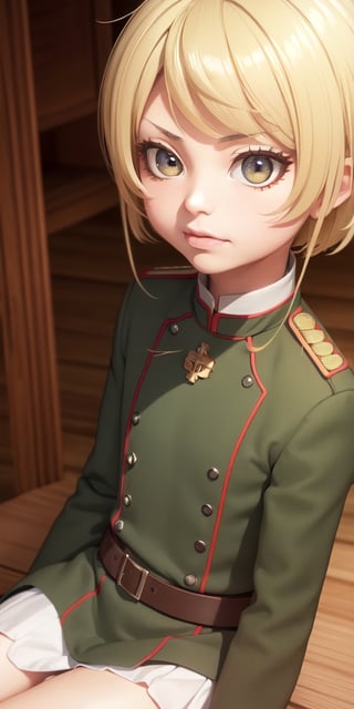 ((10year old girl:1.5)), 1girl, loli, petite girl, children's body, beautiful shining body,petite,beautiful girl with fine details,detailed face,
bangs,((blonde hair:1.3)),((very short hair:1.4)),
high eyes,(aquamarine eyes),tall eyes,Beautiful and delicate eyes,  Beautiful eyes,((tareme,animated eyes, big eyes,droopy eyes:1.2)),
military uniform,old german military uniform,
 whole body,natural light,
((realism: 1.2 )), dynamic far view shot,cinematic lighting, perfect composition, by sumic.mic, ultra detailed, official art, masterpiece, (best quality:1.3), reflections, extremely detailed cg unity 8k wallpaper, detailed background, masterpiece, best quality , (masterpiece), (best quality:1.4), (ultra highres:1.2), (hyperrealistic:1.4), (photorealistic:1.2), best quality, high quality, highres, detail enhancement,((manga like visual)),
,ahoge, shirt, closed mouth, military uniform, extremely delicate and beautiful, (beautiful detailed face:1.0), (detailed deep eyes), deep eyes,(dark shot:1.17), epic realistic, faded, ((neutral colors)), art, (hdr:1.5), (muted colors:1.2), hyperdetailed, (artstation:1.5), cinematic, warm lights, dramatic light, (intricate details:1.1), complex background, (rutkowski:0.8), (teal and orange:0.4),TanyavonDegurechaff