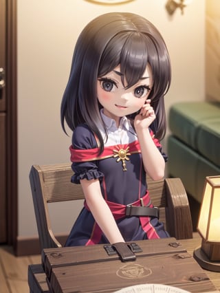 ((12 year old girl: 1.5)), black hair, short hair, perfect anatomy, girl, random pose, random angle, cabin room, lamp, beautiful glass bottle with liquid on the desk, embroidery, ((Long dress: 1.4 )), National costume, Beautiful girl, Only daughter, Petite girl, Finest, Masterpiece, (Reality 1.2)), Petite, Bangs, (Dark eyes), Bangs, Beautiful girl with attention to detail , Beautiful girl with beautiful delicate eyes, detailed face, beautiful eyes, shining beautiful body, 8K image, ((portrait: 1.2)), Real, Kaoru, ((firm V-shaped eyebrows: 1.2)), (( Smile:1.1)), whole body, brown shoes