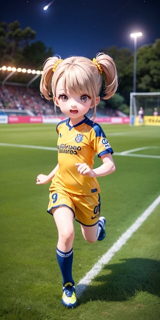 Full color high-res image. Art-style: Japanese anime style combined with realistic cartoon style. Description of the image: Full body portrait ,((9year old girl:1.5)), complete anatomy, children's body, child, super cute, girl, little girl, beautiful girl, 1 girl, loli, petite girl, top quality, masterpiece, high eyes,drooping eyes,. Front perspective. Depicted action: the soccer player must be shooting the ball. The image must transmit the sensation of dynamic movement while playing soccer on the soccer field.
 Attitude: aggressiveness and determination. Body features:  very light-brown skin, Hands in closed fists. Clothes: soccer team uniform composed of: fc barcelona jersey,  Thick red and navy striped uniform, , 1 blue short pants,  black soccer shoes. Background: must show a full color soccer field in perspective (the soccer player is running over the field while shooting the ball trying to score a goal) .((Night game: 1.4))