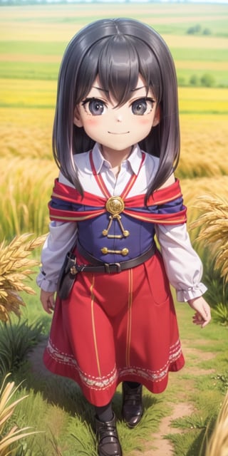 ((12year old girl:1.5)), black hair, short hair,complete anatomy, , little girl, random poses,random angles, wheat field, golden wheat field, embroidery,((long dress:1.4)),  folk costumes,  beautiful girl, 1 girl, petite girl, top quality, masterpiece,(realism: 1.2)), petite, bangs,(black eyes),bangs, beautiful girl with fine details, Beautiful and delicate eyes, Beautiful girl, detailed face, Beautiful eyes, beautiful shining body, 8K images, wind-blown wheat fields,((Portrait:1.2)),Pose walking through a wheat field,Realism, shining wheat field,kaoru,((tsurime,v-shaped eyebrows,smirk:1.1)),full body,brown shoes