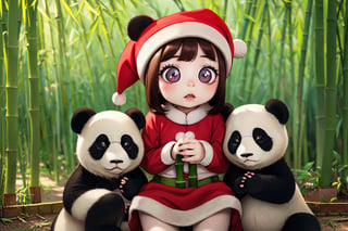 (( pomni,solo, gloves red , hat, pom pom (clothes), jester cap, clown,pomni)),((santa clothes:1.4)),
((6year old girl:1.5)),1girl, loli, petite girl,  whole body, children's body, beautiful shining body, bangs,((darkbrown hair:1.3)),high eyes,(aquamarine eyes), petite,tall eyes, beautiful girl with fine details, Beautiful and delicate eyes, detailed face, Beautiful eyes,natural light,((realism: 1.2 )), dynamic far view shot,cinematic lighting, perfect composition, by sumic.mic, ultra detailed, official art, masterpiece, (best quality:1.3), reflections, extremely detailed cg unity 8k wallpaper, detailed background, masterpiece, best quality , (masterpiece), (best quality:1.4), (ultra highres:1.2), (hyperrealistic:1.4), (photorealistic:1.2), best quality, high quality, highres, detail enhancement,(((Bamboo forest, Chinese buildings)), ((pandas:1.3)), ((panda)),panda