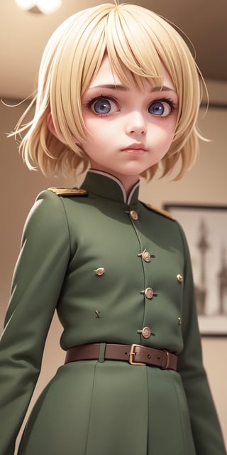 ((10year old girl:1.5)), 1girl, loli, petite girl, children's body, beautiful shining body,petite,beautiful girl with fine details,detailed face,
bangs,((blonde hair:1.3)),((very short hair:1.4)),
high eyes,(aquamarine eyes),tall eyes,Beautiful and delicate eyes,  Beautiful eyes,((tareme,animated eyes, big eyes,droopy eyes:1.2)),
military uniform,old german military uniform,
 whole body,natural light,
((realism: 1.2 )), dynamic far view shot,cinematic lighting, perfect composition, by sumic.mic, ultra detailed, official art, masterpiece, (best quality:1.3), reflections, extremely detailed cg unity 8k wallpaper, detailed background, masterpiece, best quality , (masterpiece), (best quality:1.4), (ultra highres:1.2), (hyperrealistic:1.4), (photorealistic:1.2), best quality, high quality, highres, detail enhancement,((manga like visual)),
,ahoge, shirt, closed mouth, military uniform, extremely delicate and beautiful, (beautiful detailed face:1.0), (detailed deep eyes), deep eyes,(dark shot:1.17), epic realistic, faded, ((neutral colors)), art, (hdr:1.5), (muted colors:1.2), hyperdetailed, (artstation:1.5), cinematic, warm lights, dramatic light, (intricate details:1.1), complex background, (rutkowski:0.8), (teal and orange:0.4),full body