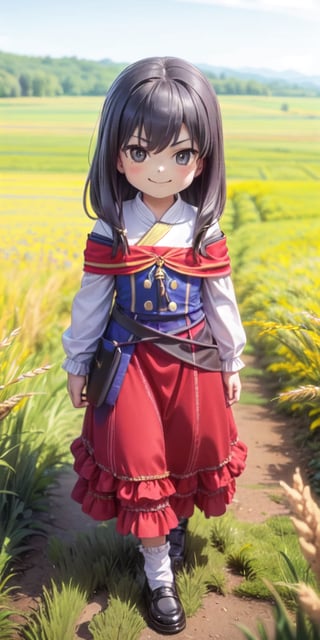 ((12year old girl:1.5)), black hair, short hair,complete anatomy, , little girl, random poses,random angles, wheat field, golden wheat field, embroidery,((long dress:1.4)),  folk costumes,  beautiful girl, 1 girl, petite girl, top quality, masterpiece,(realism: 1.2)), petite, bangs,(black eyes),bangs, beautiful girl with fine details, Beautiful and delicate eyes, Beautiful girl, detailed face, Beautiful eyes, beautiful shining body, 8K images, wind-blown wheat fields,((Portrait:1.2)),Pose walking through a wheat field,Realism, shining wheat field,kaoru,((tsurime,v-shaped eyebrows,smirk:1.1)),full body,brown shoes