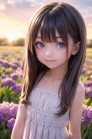 A dreamy girl in a sundress is looking up at the sky while walking through a field of wildflowers with a gentle breeze at sunset. Watercolor illustration, anime her style portrait of a teenage girl with sparkling blue eyes and a gentle smile,

(9year old girl:1.5),((small breasts)),
beautiful detailed eyes, complete anatomy,
  loli, (realism: 1.2),russian girl,
beautiful girl with fine details,  detailed face, beautiful shining body,
 1 girl, ((purple eyes,tall eyes, Big eyes)), 
 random angles, ((child body: 1.2)),
 bangs,detailed face,  super detailed, 
perfect face, (bright lighting: 1.2), (highly detailed face:1.4),
morning light, happiness, Best Quality, Masterpiece, Natural Light,
 ultra-high resolution, 16k images, depth of field,masterpiece,best quality,