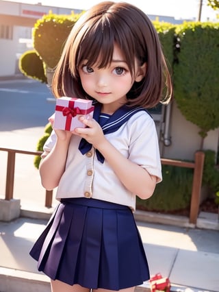 ((6year old girl:1.5)), loli, petite girl,  whole body, children's body, beautiful shining body, bangs,((brown hair:1.3)),high eyes,(brown eyes), petite,tall eyes, beautiful girl with fine details, Beautiful and delicate eyes, detailed face, Beautiful eyes,natural light,((realism: 1.2 )), dynamic far view shot,cinematic lighting, perfect composition, by sumic.mic, ultra detailed, official art, masterpiece, (best quality:1.3), reflections, extremely detailed cg unity 8k wallpaper, detailed background, masterpiece, best quality , (masterpiece), (best quality:1.4), (ultra highres:1.2), (hyperrealistic:1.4), (photorealistic:1.2), best quality, high quality, highres, detail enhancement,cute pussy, nsfw,((very short hair:1.4)),((holding gifts:1.4)),
((tareme,animated eyes, big eyes,droopy eyes:1.2)),Random poses,((embarrassed expression)),(( cardigan,school uniform, sailor uniform, navy pleated skirt:1.4)),Realism,school uniform