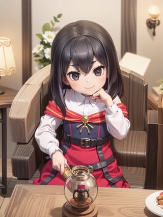 ((12 year old girl: 1.5)), black hair, short hair, perfect anatomy, girl, random pose, random angle, cabin room, lamp, beautiful glass bottle with red liquid on the desk, embroidery, ((Long dress: 1.4 )), National costume, Beautiful girl, Only daughter, Petite girl, Finest, Masterpiece, (Reality 1.2)), Petite, Bangs, (Dark eyes), Bangs, Beautiful girl with attention to detail , Beautiful girl with beautiful delicate eyes, detailed face, beautiful eyes, shining beautiful body, 8K image, ((portrait: 1.2)), Real, Kaoru, ((firm V-shaped eyebrows: 1.2)), (( Smile:1.1)), whole body, brown shoes