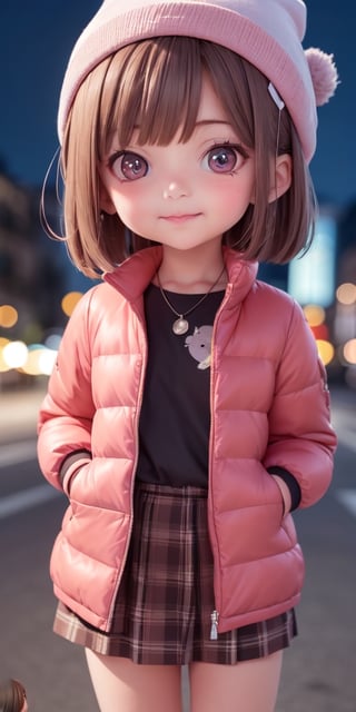  ((6year old girl:1.5)), 1girl, loli, petite girl,  whole body, children's body, beautiful shining body, bangs,((darkbrown hair:1.3)),high eyes,(aquamarine eyes), petite,tall eyes, beautiful girl with fine details, Beautiful and delicate eyes, detailed face, Beautiful eyes,((realism: 1.2 )), dynamic far view shot,cinematic lighting, perfect composition, by sumic.mic, ultra detailed, official art, masterpiece, (best quality:1.3), reflections, extremely detailed cg unity 8k wallpaper, detailed background, masterpiece, best quality , (masterpiece), (best quality:1.4), (ultra highres:1.2), (hyperrealistic:1.4), (photorealistic:1.2), best quality, high quality, highres, detail enhancement,((very short hair:1.4)),smile,
((tareme,animated eyes, big eyes,droopy eyes:1.2)),,Random poses, ((Down jacket,Beanie)), tartan check skirt,,facial_mark, neon_palette, shaped_highlights, ((bokeh background, blurry background)), night time, night sky, (city light), horizontal angle, looking away, perfect anatomy, colorful hair clip, many hair clips,blouse,perfect,high socks