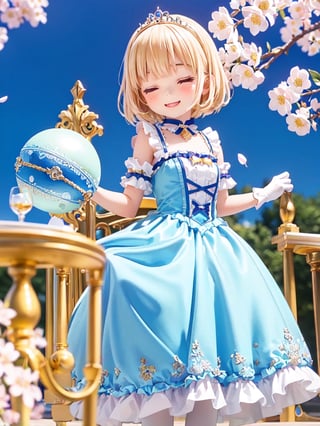 ((12year old girl:1.5)),1girl, loli, petite girl, Portrait, children's body, beautiful shining body, bangs,((blonde hair:1.3)),high eyes,(blue eyes), petite,tall eyes, beautiful girl with fine details, Beautiful and delicate eyes, detailed face, Beautiful eyes,((golden tiara with sapphire decoration)),((light blue gothic lolita ball gown:1.4)),((long skirt:1.7)),(( white neck ruffle, white frill)),((white tights)), blue shoes, ((white gloves with gold decoration)), natural light,((realism: 1.2 )), dynamic far view shot,cinematic lighting, perfect composition, by sumic.mic, ultra detailed, official art, masterpiece, (best quality:1.3), reflections, extremely detailed cg unity 8k wallpaper, detailed background, masterpiece, best quality , (masterpiece), (best quality:1.4), (ultra highres:1.2), (hyperrealistic:1.4), (photorealistic:1.2), best quality, high quality, highres, (short hair:1.4)),((tareme,animated eyes, big eyes,droopy eyes:1.2)),cherry tree,cherry blossoms,((Smile, eyes closed: 1.4)),(Cherry blossom background in full bloom:1.4)),perfect,hand,((Tearmoon Empire Story)),((Mia Luna Tier Moon)),animemia,outdoor