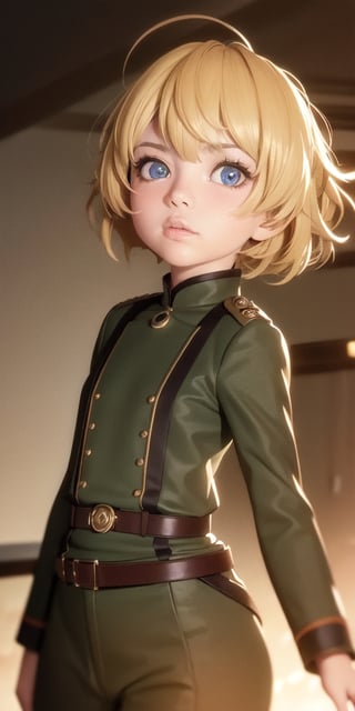 ((10year old girl:1.5)), 1girl, loli, petite girl, children's body, beautiful shining body,petite,beautiful girl with fine details,detailed face,
bangs,((blonde hair:1.3)),((very short hair:1.4)),
high eyes,(aquamarine eyes),tall eyes,Beautiful and delicate eyes,  Beautiful eyes,((tareme,animated eyes, big eyes,droopy eyes:1.2)),
military uniform,old german military uniform,
 whole body,natural light,
((realism: 1.2 )), dynamic far view shot,cinematic lighting, perfect composition, by sumic.mic, ultra detailed, official art, masterpiece, (best quality:1.3), reflections, extremely detailed cg unity 8k wallpaper, detailed background, masterpiece, best quality , (masterpiece), (best quality:1.4), (ultra highres:1.2), (hyperrealistic:1.4), (photorealistic:1.2), best quality, high quality, highres, detail enhancement,((manga like visual)),
,ahoge, shirt, closed mouth, military uniform, extremely delicate and beautiful, (beautiful detailed face:1.0), (detailed deep eyes), deep eyes,(dark shot:1.17), epic realistic, faded, ((neutral colors)), art, (hdr:1.5), (muted colors:1.2), hyperdetailed, (artstation:1.5), cinematic, warm lights, dramatic light, (intricate details:1.1), complex background, (rutkowski:0.8), (teal and orange:0.4)