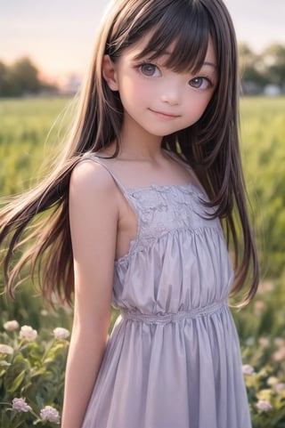 A dreamy girl in a sundress is looking up at the sky while walking through a field of wildflowers with a gentle breeze at sunset. Watercolor illustration, anime her style portrait of a teenage girl with sparkling blue eyes and a gentle smile,

(9year old girl:1.5),((small breasts)),
beautiful detailed eyes, complete anatomy,
  loli, (realism: 1.2),russian girl,
beautiful girl with fine details,  detailed face, beautiful shining body,
 1 girl, ((purple eyes,tall eyes, Big eyes)), 
 random angles, ((child body: 1.2)),
 bangs,detailed face,  super detailed, 
perfect face, (bright lighting: 1.2), (highly detailed face:1.4),
morning light, happiness, Best Quality, Masterpiece, Natural Light,
 ultra-high resolution, 16k images, depth of field,masterpiece,best quality,