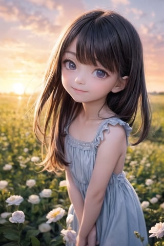 A dreamy girl in a sundress is looking up at the sky while walking through a field of wildflowers with a gentle breeze at sunset. Watercolor illustration, anime her style portrait of a teenage girl with sparkling blue eyes and a gentle smile,

(9year old girl:1.5),((small breasts)),
beautiful detailed eyes, complete anatomy,
  loli, (realism: 1.2),russian girl,
beautiful girl with fine details,  detailed face, beautiful shining body,
 1 girl, ((purple eyes,tall eyes, Big eyes)), 
 random angles, ((child body: 1.2)),
 bangs,detailed face,  super detailed, 
perfect face, (bright lighting: 1.2), (highly detailed face:1.4),
morning light, happiness, Best Quality, Masterpiece, Natural Light,
 ultra-high resolution, 16k images, depth of field,masterpiece,best quality,