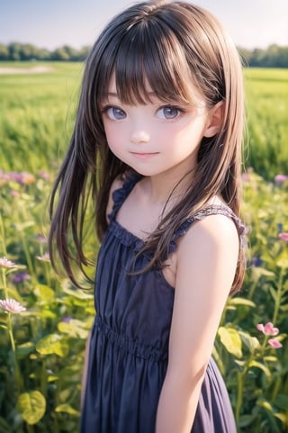 A dreamy girl in a sundress is looking up at the sky while walking through a field of wildflowers with a gentle breeze at sunset. Watercolor illustration, anime her style portrait of a teenage girl with sparkling blue eyes and a gentle smile,

(9year old girl:1.5),((small breasts)),
beautiful detailed eyes, complete anatomy,
  loli, (realism: 1.2),russian girl,
beautiful girl with fine details,  detailed face, beautiful shining body,
 1 girl, ((purple eyes,tall eyes, Big eyes)), 
 random angles, ((child body: 1.2)),
 bangs,detailed face,  super detailed, 
perfect face, (bright lighting: 1.2), (highly detailed face:1.4),
morning light, happiness, Best Quality, Masterpiece, Natural Light,
 ultra-high resolution, 16k images, depth of field,masterpiece,best quality,