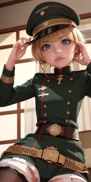 ((10year old girl:1.5)), 1girl, loli, petite girl, children's body, beautiful shining body,petite,beautiful girl with fine details,detailed face,
bangs,((blonde hair:1.3)),((very short hair:1.4)),
high eyes,(aquamarine eyes),tall eyes,Beautiful and delicate eyes,  Beautiful eyes,((tareme,animated eyes, big eyes,droopy eyes:1.2)),
military uniform,old german military uniform,
 whole body,natural light,
((realism: 1.2 )), dynamic far view shot,cinematic lighting, perfect composition, by sumic.mic, ultra detailed, official art, masterpiece, (best quality:1.3), reflections, extremely detailed cg unity 8k wallpaper, detailed background, masterpiece, best quality , (masterpiece), (best quality:1.4), (ultra highres:1.2), (hyperrealistic:1.4), (photorealistic:1.2), best quality, high quality, highres, detail enhancement,((manga like visual)),
,ahoge, shirt, closed mouth, military uniform, extremely delicate and beautiful, (beautiful detailed face:1.0), (detailed deep eyes), deep eyes,(dark shot:1.17), epic realistic, faded, ((neutral colors)), art, (hdr:1.5), (muted colors:1.2), hyperdetailed, (artstation:1.5), cinematic, warm lights, dramatic light, (intricate details:1.1), complex background, (rutkowski:0.8), (teal and orange:0.4)