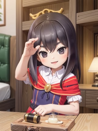 ((12 year old girl: 1.5)), black hair, short hair, perfect anatomy, girl, random pose, random angle, cabin room, lamp, beautiful glass bottle with red liquid on the desk, embroidery, ((Long dress: 1.4 )), National costume, Beautiful girl, Only daughter, Petite girl, Finest, Masterpiece, (Reality 1.2)), Petite, Bangs, (Dark eyes), Bangs, Beautiful girl with attention to detail , Beautiful girl with beautiful delicate eyes, detailed face, beautiful eyes, shining beautiful body, 8K image, ((portrait: 1.2)), Real, Kaoru, ((firm V-shaped eyebrows: 1.2)), (( Smile:1.1)), whole body, brown shoes