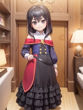 ((12 year old girl: 1.5)), black hair, short hair, perfect anatomy, girl, random pose, random angle, cabin room, lamp, beautiful glass bottle with liquid on the desk, embroidery, ((Long dress: 1.4 )), National costume, Beautiful girl, Only daughter, Petite girl, Finest, Masterpiece, (Reality 1.2)), Petite, Bangs, (Dark eyes), Bangs, Beautiful girl with attention to detail , Beautiful girl with beautiful delicate eyes, detailed face, beautiful eyes, shining beautiful body, 8K image, ((portrait: 1.2)), Real, Kaoru, ((firm V-shaped eyebrows: 1.3)), (( Smile:1.1)), whole body, brown shoes