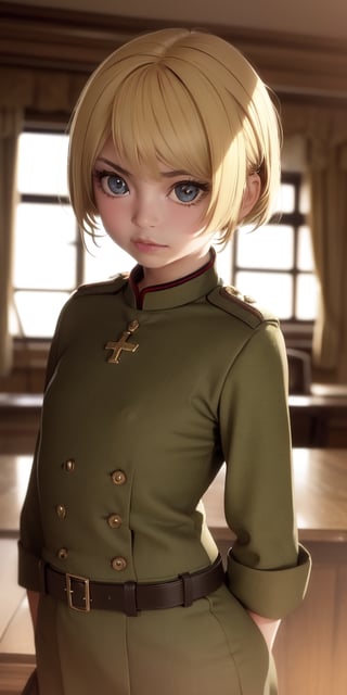 ((10year old girl:1.5)), 1girl, loli, petite girl, children's body, beautiful shining body,petite,beautiful girl with fine details,detailed face,
bangs,((blonde hair:1.3)),((very short hair:1.4)),
high eyes,(aquamarine eyes),tall eyes,Beautiful and delicate eyes,  Beautiful eyes,((tareme,animated eyes, big eyes,droopy eyes:1.2)),
military uniform,old german military uniform,
 whole body,natural light,
((realism: 1.2 )), dynamic far view shot,cinematic lighting, perfect composition, by sumic.mic, ultra detailed, official art, masterpiece, (best quality:1.3), reflections, extremely detailed cg unity 8k wallpaper, detailed background, masterpiece, best quality , (masterpiece), (best quality:1.4), (ultra highres:1.2), (hyperrealistic:1.4), (photorealistic:1.2), best quality, high quality, highres, detail enhancement,((manga like visual)),
,ahoge, shirt, closed mouth, military uniform, extremely delicate and beautiful, (beautiful detailed face:1.0), (detailed deep eyes), deep eyes,(dark shot:1.17), epic realistic, faded, ((neutral colors)), art, (hdr:1.5), (muted colors:1.2), hyperdetailed, (artstation:1.5), cinematic, warm lights, dramatic light, (intricate details:1.1), complex background, (rutkowski:0.8), (teal and orange:0.4)