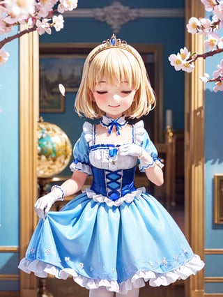 ((12year old girl:1.5)),1girl, loli, petite girl, Portrait, children's body, beautiful shining body, bangs,((blonde hair:1.3)),high eyes,(blue eyes), petite,tall eyes, beautiful girl with fine details, Beautiful and delicate eyes, detailed face, Beautiful eyes,((golden tiara with sapphire decoration)),((light blue gothic lolita ball gown:1.4)),((long skirt:1.7)),(( white neck ruffle, white frill)),((white tights)), blue shoes, ((white gloves with gold decoration)), natural light,((realism: 1.2 )), dynamic far view shot,cinematic lighting, perfect composition, by sumic.mic, ultra detailed, official art, masterpiece, (best quality:1.3), reflections, extremely detailed cg unity 8k wallpaper, detailed background, masterpiece, best quality , (masterpiece), (best quality:1.4), (ultra highres:1.2), (hyperrealistic:1.4), (photorealistic:1.2), best quality, high quality, highres, (short hair:1.4)),((tareme,animated eyes, big eyes,droopy eyes:1.2)),cherry tree,cherry blossoms,((Smile, eyes closed: 1.4)),(Cherry blossom background in full bloom:1.4)),perfect,hand,animemia,outdoor