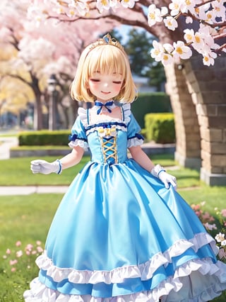 ((12year old girl:1.5)),1girl, loli, petite girl, Portrait, children's body, beautiful shining body, bangs,((blonde hair:1.3)),high eyes,(blue eyes), petite,tall eyes, beautiful girl with fine details, Beautiful and delicate eyes, detailed face, Beautiful eyes,((golden tiara with sapphire decoration)),((light blue gothic lolita ball gown:1.4)),((long skirt:1.7)),(( white neck ruffle, white frill)),((white tights)), blue shoes, ((white gloves with gold decoration)), natural light,((realism: 1.2 )), dynamic far view shot,cinematic lighting, perfect composition, by sumic.mic, ultra detailed, official art, masterpiece, (best quality:1.3), reflections, extremely detailed cg unity 8k wallpaper, detailed background, masterpiece, best quality , (masterpiece), (best quality:1.4), (ultra highres:1.2), (hyperrealistic:1.4), (photorealistic:1.2), best quality, high quality, highres, (short hair:1.4)),((tareme,animated eyes, big eyes,droopy eyes:1.2)),cherry tree,cherry blossoms,((Smile, eyes closed: 1.4)),(Cherry blossom background in full bloom:1.4)),perfect,hand,animemia,outdoor